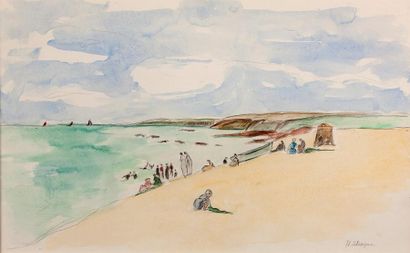Henri LEBASQUE (1865-1937) Sur la plage Aquarelle, signée en bas à droite, porte...