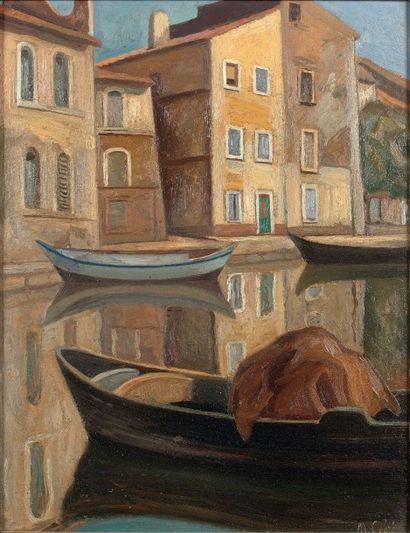 Manuel CABRE (1890-1984) 
Vue d'un canal en ville
Huile sur carton, signée en bas...