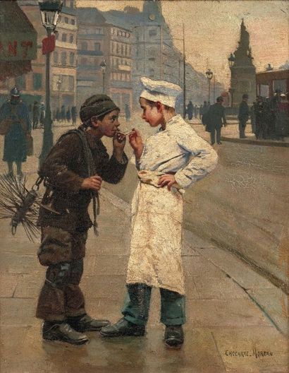 Paul-Charles CHOCARNE-MOREAU (1855-1931) 
L' apprenti pâtissier et le petit ramoneur
Huile...