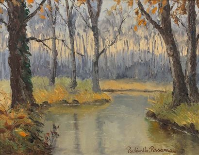 Paul-Émile PISSARRO (1884-1972) 
Rivière dans la forêt
Huile sur isorel, signée en...