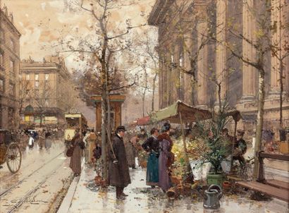 Eugène GALIEN-LALOUE (1854-1941) 
Le marché aux fleurs, place de la Madeleine à Paris
Aquarelle...