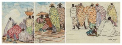 André MAIRE (1898-1985) 
Scènes de marché, Madagascar, 1959
Trois gouaches sur papier,...