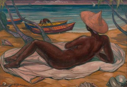 André MAIRE (1898-1985) 
Bain de soleil sur la plage, Martinique
Huile sur isorel,...