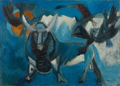 Sigismond KOLOZSVARY (1899-1978) 
Taureau et colombes, 1947
Huile sur toile, signée...