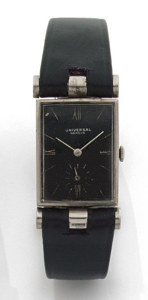 UNIVERSAL GENEVE Vers 1940 Modèle homme rectangulaire en acier Cadran noir, index...