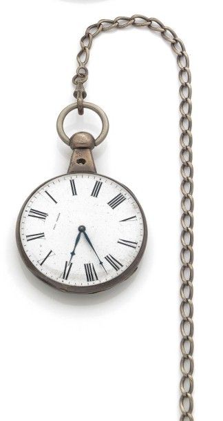 PAUL GARNIER VERS 1880 Montre de poche argent avec sa chaine giletière. Cadran émail,...