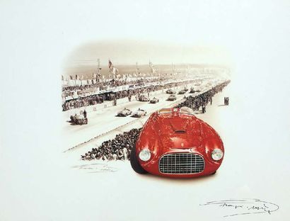 null Lithographie 
par François Bruère représentant une Ferrari au Mans, signée en...