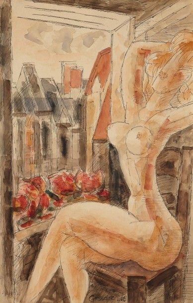 Marcel GROMAIRE (1892-1971) Nu devant la fenêtre, 1965 Encre et aquarelle sur papier,...