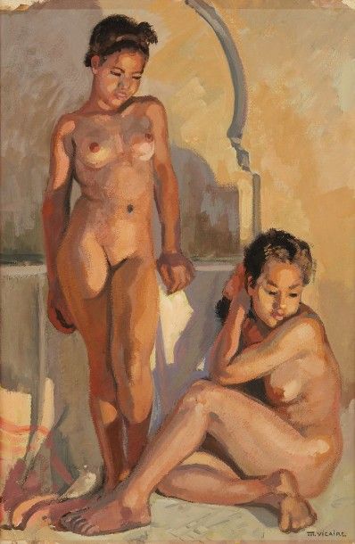 Marcel VICAIRE (1893-1976) Au hammam. Au verso : Jeune marocaine 
Gouache sur papier...