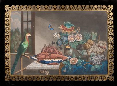 ECOLE FRANCAISE DU XIXème siècle Nature morte au perroquet Fixé sous verre