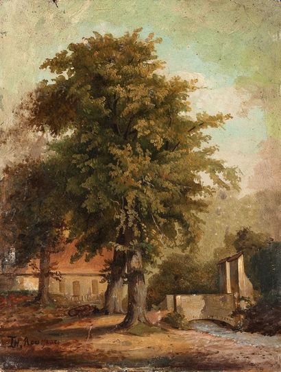 Théodore ROUSSEAU (1812-1867) Cour de ferme au pont Huile sur panneau, signée en...