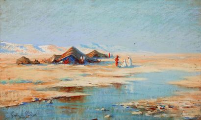 Léon GEILLE DE SAINT-LEGER (1864-?) Campement dans le désert Pastel sur carton, signé...