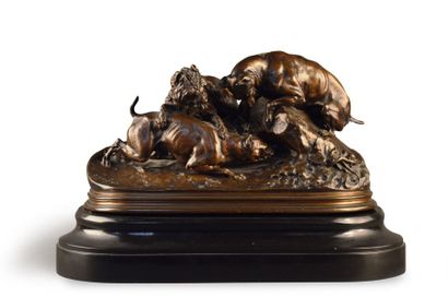 MENE Pierre Jules (1810-1879) « La chasse au lapin » Bronze, à patine brune, signé...
