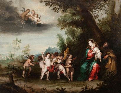Pieter van AVONT (Mâlines 1600 - Anvers 1652) 
La Sainte Famille avec des anges dansant...