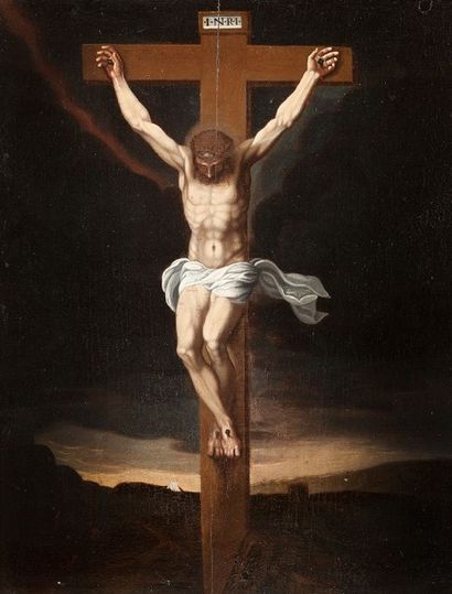 Ecole ESPAGNOLE du XVIIème siècle 
Le Christ en Croix 
Panneau de chêne, une planche,...