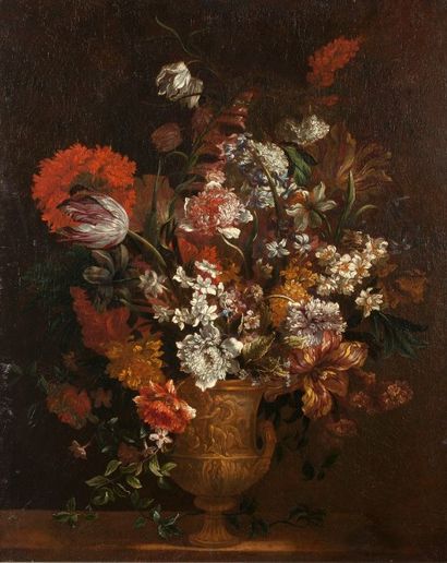 Antoine MONNOYER (Saint Germain en Laye 1670 - 1743) 
Bouquet de fleurs sur un entablement...