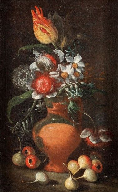 Lucas FORTE (Naples entre 1600 et 1615-avant 1670) 
Vase de fleurs avec des fruits
Toile...