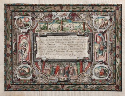 null Contrat de mariage
Certificat enluminé, donné à Lyon le 7 janvier 1651 en l'église
Sainte...