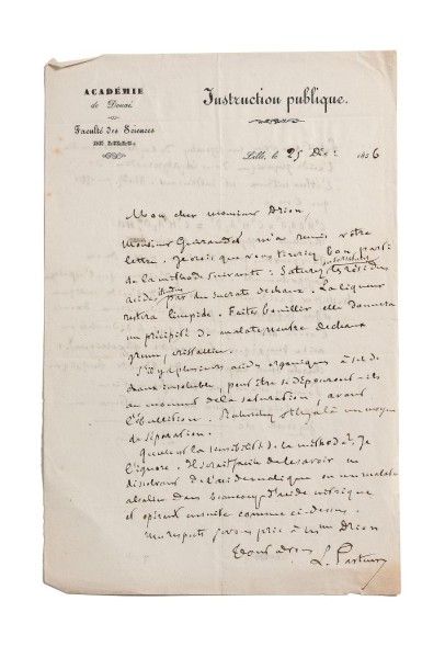 Louis Pasteur 
L.A.S. à Drion. Lille, 25 décembre 1856. 1 pp. in-8, en-tête en coin...