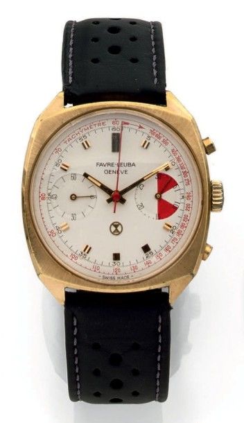 FAVRE-LEUBA Genève Vers 1960 
Rare chronographe en plaqué or 2 compteurs. Cadran...