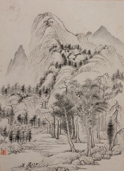 CHINE Suite de cinq dessins à l'encre sur papier représentant des paysages, certains...