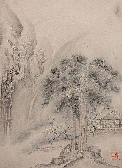 CHINE Suite de cinq dessins à l'encre sur papier représentant des paysages, certains...