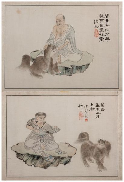 CHINE Deux dessins à l'encre et aquarelle représentant des divinités avec leur lion.
Inscription...