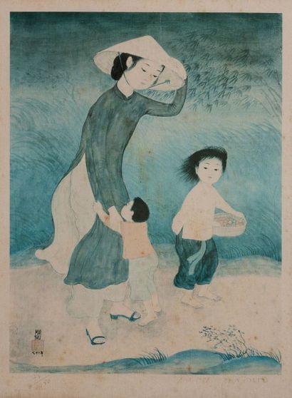MAI THU (1906-1980) 
Jeune femme et ses enfants 
Impression sur soie numérotée 71/450...