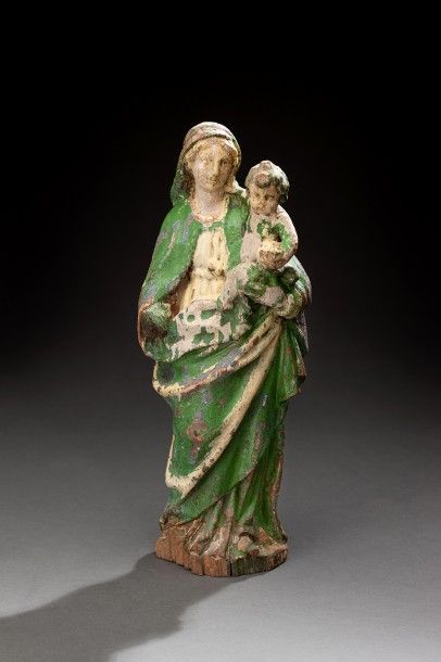 Ecole Française du XVIIIème siècle 
Vierge à l'enfant en bois sculpté polychrome
H:...