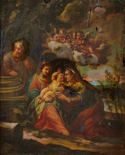 Ecole romaine fin XVIIIème siècle 
Vierge à l'enfant entourée de Joseph
Huile sur...