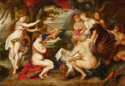 Ecole du XVIIème siècle, 
Diane et Calisto
Huile sur cuivre
40 x 28 cm
(inscriptions...