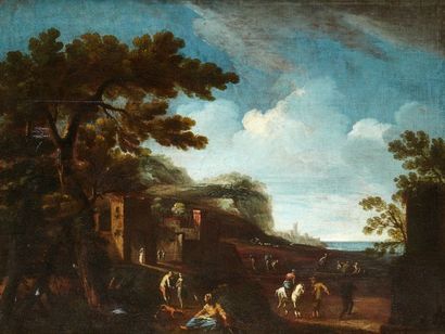 Attribué à Anthonio STOM (1688 - 1734) 
Paysage animé
Huile sur toile
85 x 115 cm
(légères...