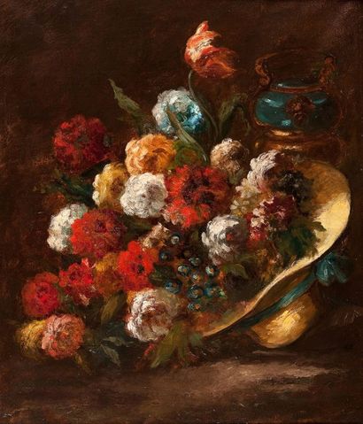 ECOLE FRANCAISE DU XIXème siècle 
Bouquet de fleurs au chapeau
Huile sur toile
80...