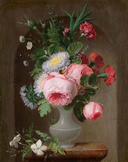 Claude Louis Marie REVOL (1825 - ?) 
Bouquet de fleurs sur un entablement
Huile sur...