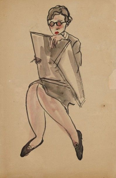 SANYU (1901-1966) - 常玉 Femme aux lunettes noires 戴着黑眼镜的女人 Encre et aquarelle sur...