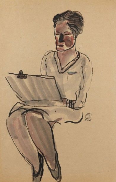 SANYU (1901-1966) - 常玉 Femme tenant un carnet à poire 拿着画夹本的女人
Encre et aquarelle...