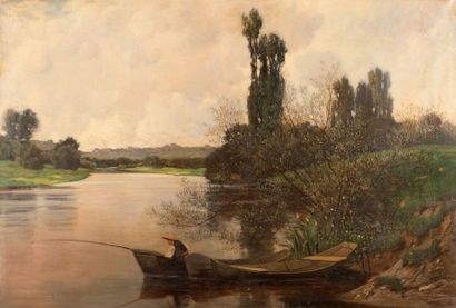 Gustave KARCHER (1831-1909) Paysage lacustre à la barque Huile sur toile, signée...