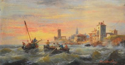 Ferdinand BONHEUR (1817-1887) L'arrivée des barques sur une mer houleuse Huile sur...