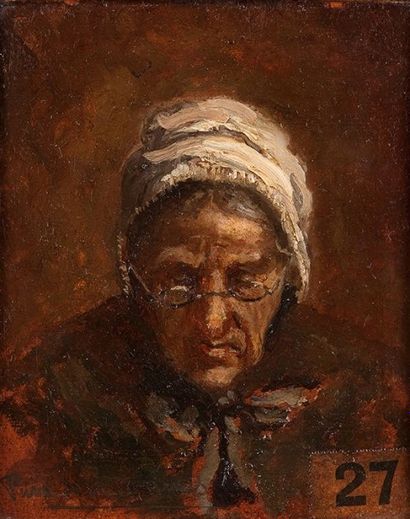 Edouard PUVIS de CHAVANNES (1884-1924) Portrait de vieille femme Huile sur carton...