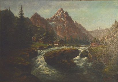 LEBRUN (XIXe- XXe) Paysage de montagne à la cascade Huile sur toile Signée en bas...