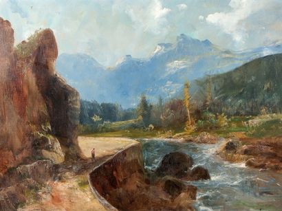 Alfred GODCHAUX (1835-1895) Paysage de montagnes alpines Huile sur toile, signée...