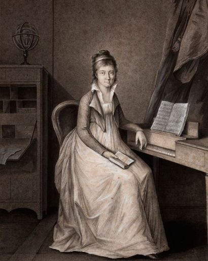 Ecole FRANCAISE du début du XIXème siècle 
Portrait d'une femme assise à son piano
Pierre...
