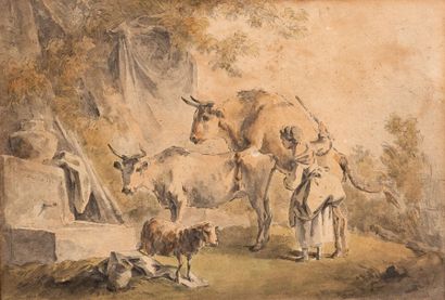 ATTRIBUÉ À JEAN BAPTISTE HUET (1745-1811) 
Bergère et troupeau près d'un abreuvoir
Plume...
