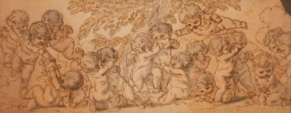 Louis-Félix de la RUE (1720-1765) 
Frise de putti jouant
Plume, encre brune et lavis.
22...