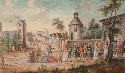 Ecole Française du XVIIIème siècle 
Le cortège de mariage du seigneur local traversant...