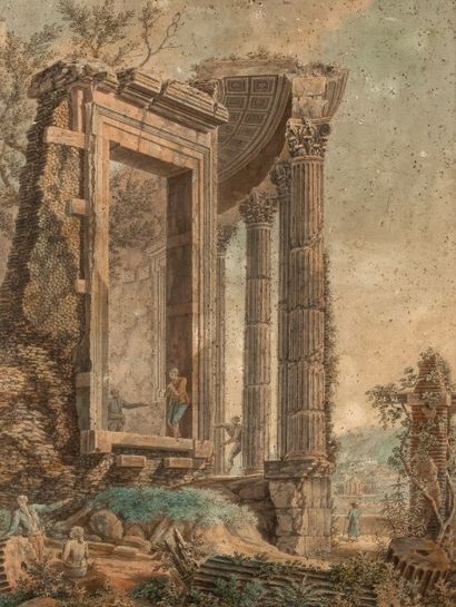 ECOLE FRANCAISE DU XIXème siècle 
Promeneurs dans les ruines d'un temple antique
Plume...