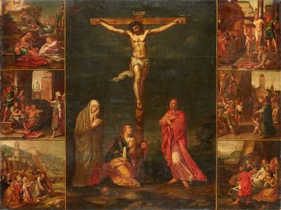 Ecole flamande vers 1600 entourage d'Otto VENIUS 
La Crucifixion entouré des scènes...