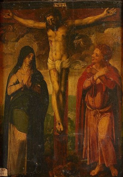 Ecole espagnole, vers 1600 
Christ en croix avec la Vierge et saint Jean Baptiste...