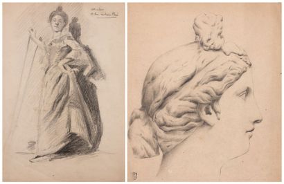 null Lot de deux dessins
Ecole française du XIXème siècle
Portrait d'une femme relevant...