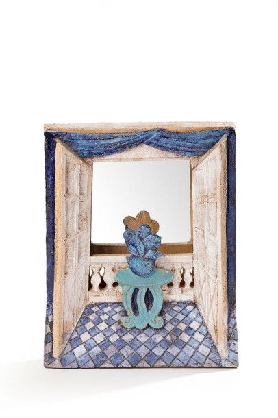 Jean DERVAL (1925-2010° Miroir rectangulaire à décor de fenêtre, émail bleu et beige...